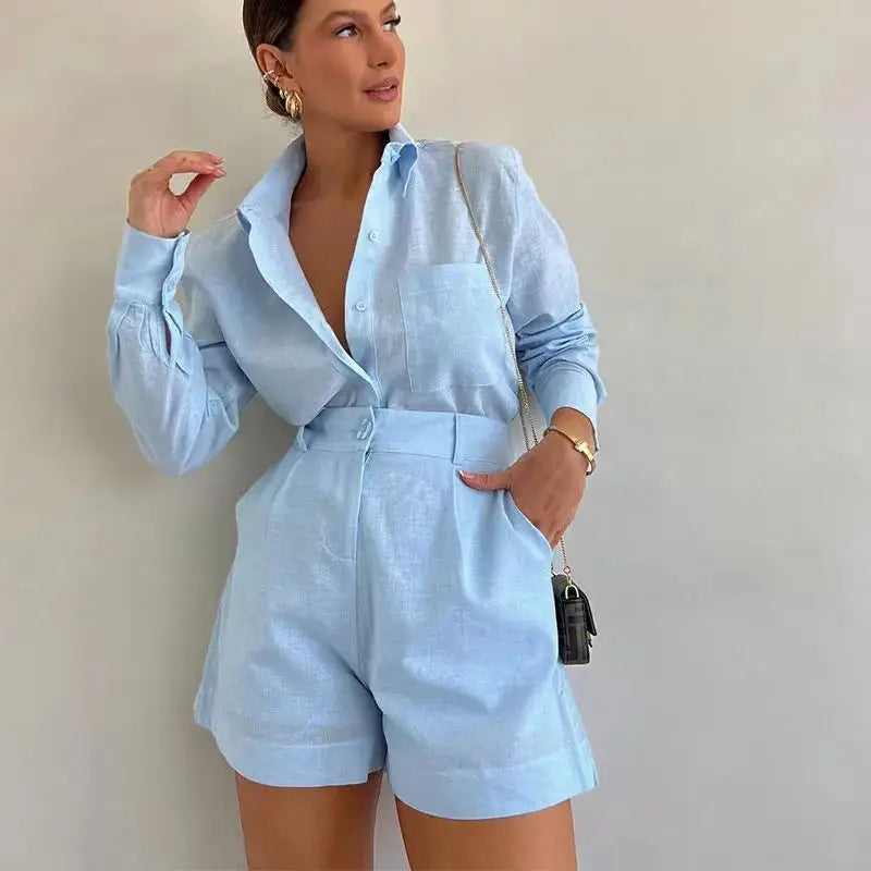 Elegant Women’s Set – Long Shirt with Shorts – Casual and Sophisticated Look for Summer