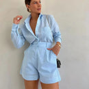 Conjunto elegante para mulher – Camisa comprida com calções – Look casual e sofisticado para o verão