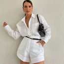Conjunto elegante para mulher – Camisa comprida com calções – Look casual e sofisticado para o verão
