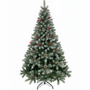 Pinheiro artificial premium com neve, pinhas e frutos vermelhos.