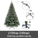 Pinheiro artificial premium com neve, pinhas e frutos vermelhos.