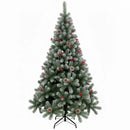 Pinheiro artificial premium com neve, pinhas e frutos vermelhos.