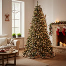 Pinheiro artificial premium com neve, pinhas e frutos vermelhos.