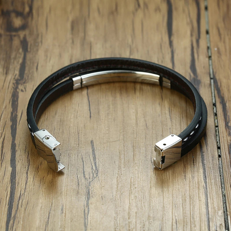 Men’s Genuine Leather Bracelet with Stainless Steel Details