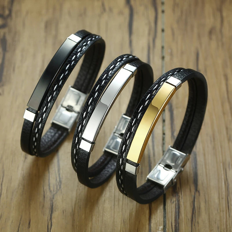 Men’s Genuine Leather Bracelet with Stainless Steel Details