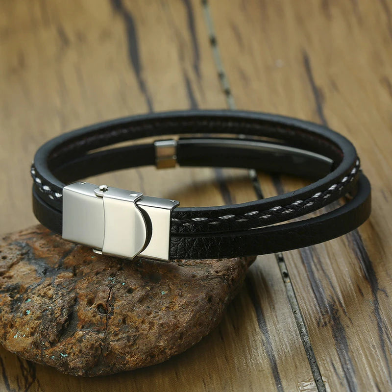 Men’s Genuine Leather Bracelet with Stainless Steel Details