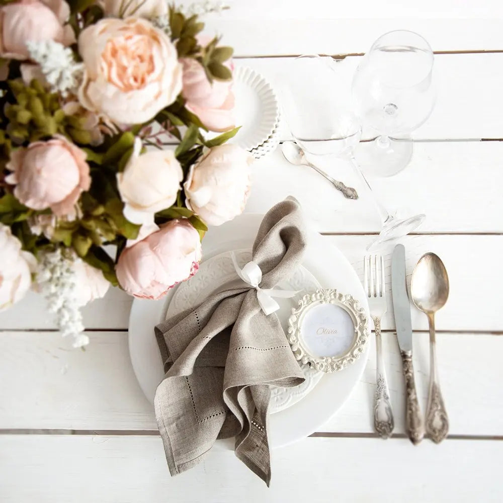 6pcs Elegant White Linen Hemstitch Napkins – European Style Table Decor at an Affordable Price