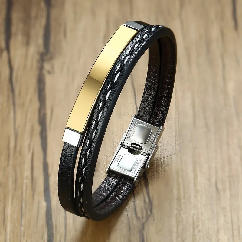 Men’s Genuine Leather Bracelet with Stainless Steel Details