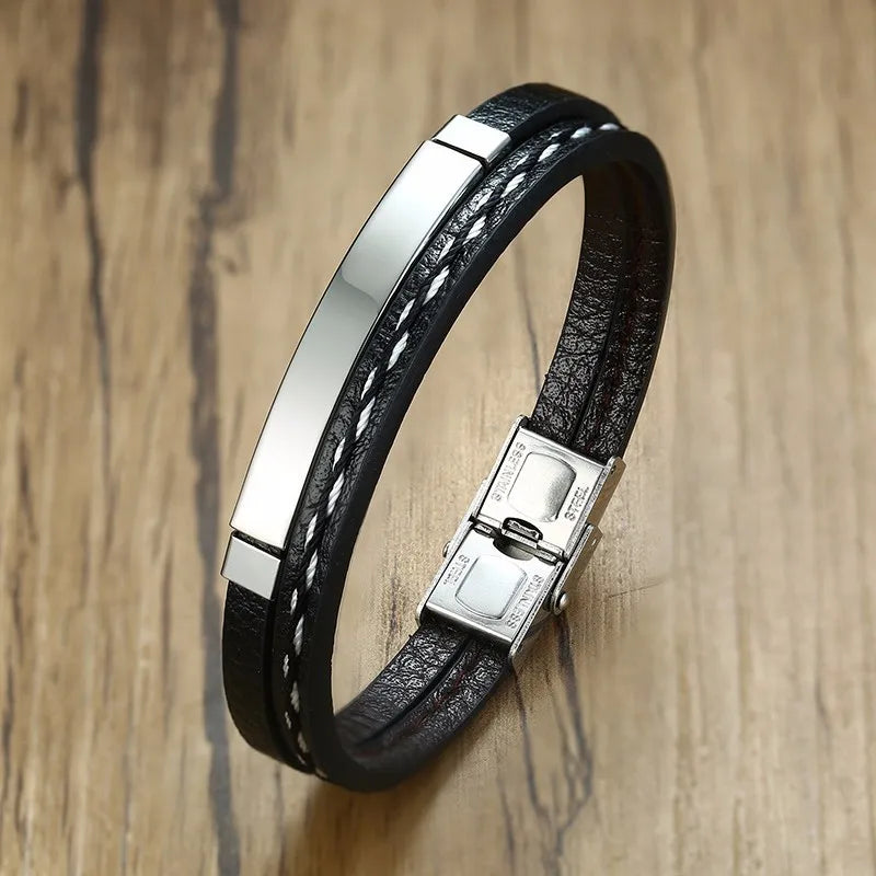 Men’s Genuine Leather Bracelet with Stainless Steel Details