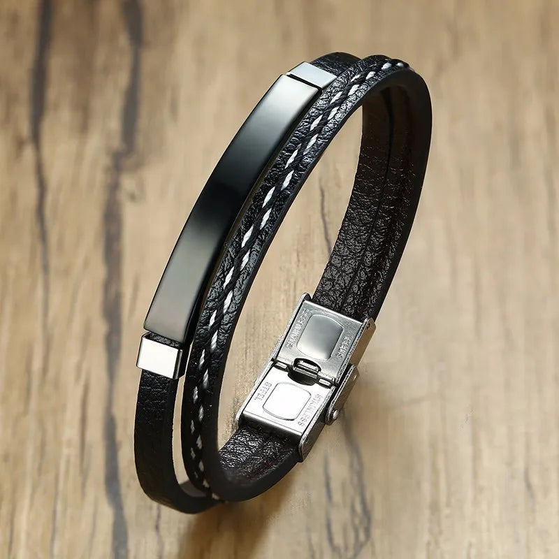 Men’s Genuine Leather Bracelet with Stainless Steel Details