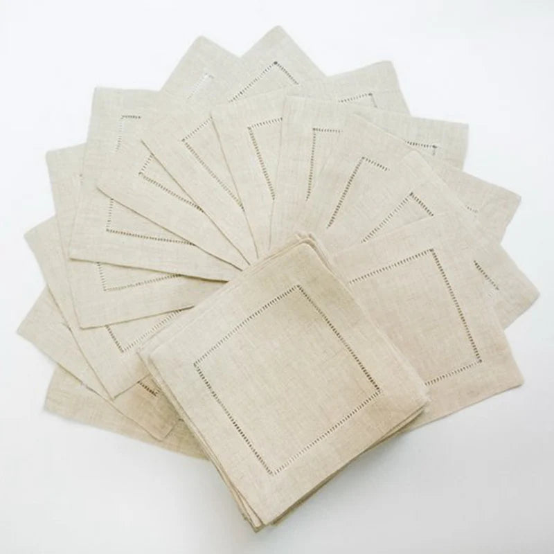 6pcs Elegant White Linen Hemstitch Napkins – European Style Table Decor at an Affordable Price