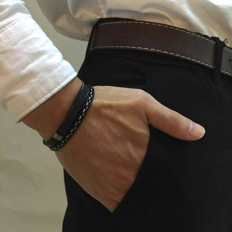 Men’s Genuine Leather Bracelet with Stainless Steel Details
