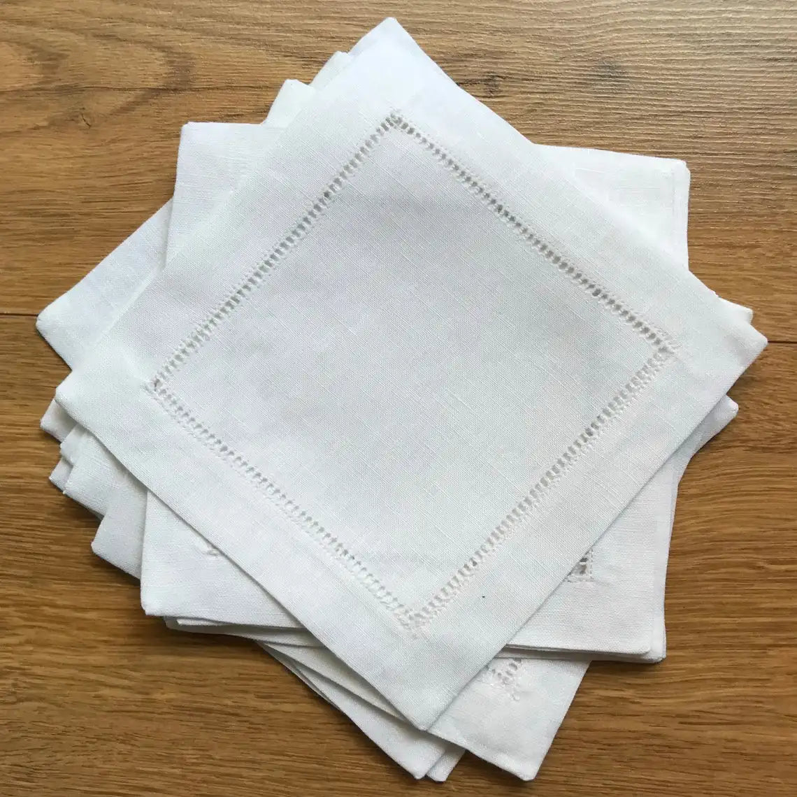 6pcs Elegant White Linen Hemstitch Napkins – European Style Table Decor at an Affordable Price