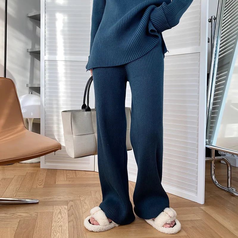 Version Of Fashion Casual Retro Winter Clothing New Warm Open Sweater Set Knit Wide Leg Pants Lazy Two-Piece Women's Suit Z290