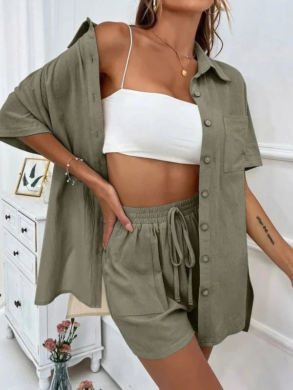 Women's Summer Chic Set – Long Sleeve Shirt + Wide-Leg Shorts