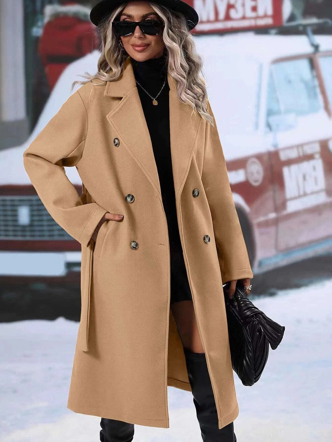 Thickened Pure Color Notch Collar Double Breasted Belted Long Length Woolen Coat for Women Comfortable Casual Style Spring Au...