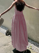 2026 Casual Spaghetti Strap Dresses For Ladies A-line Dress Vestido For Woman Temperament Striped Slim Pleated Off Shoulder Chic