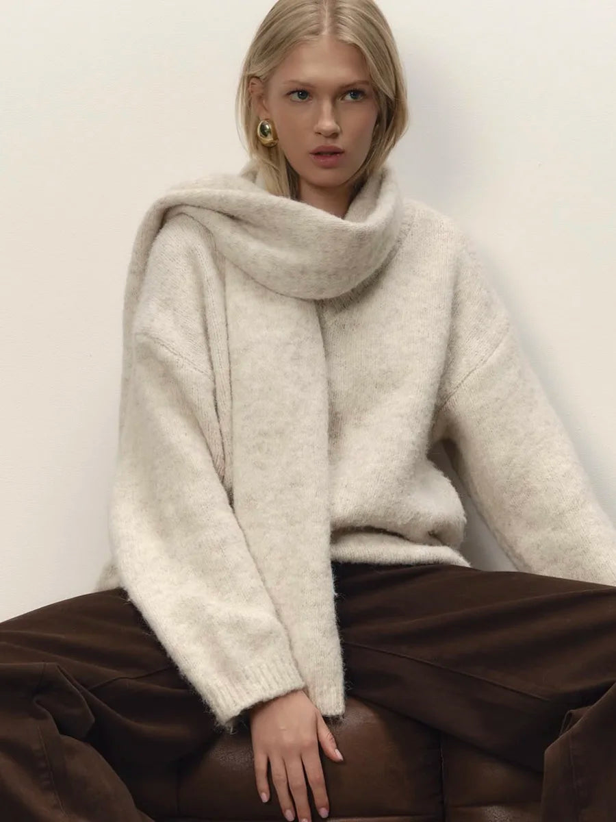 Hirsionsan 2025 New Soft Loose V Neck Knitted Sweaters Women Winter Solid Female Pullovers & Scarf Warm Basic Knitwear Jumper