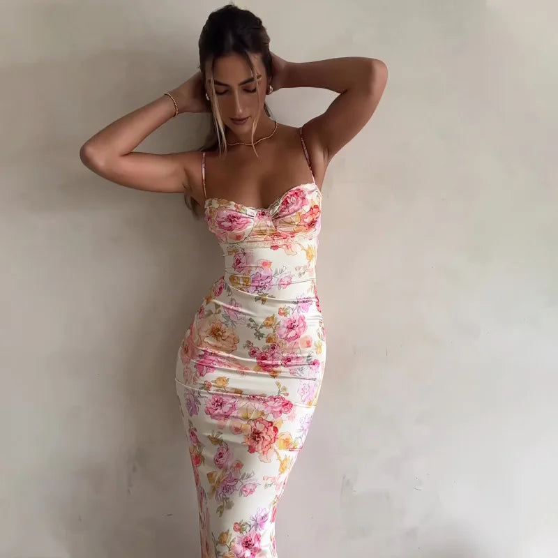 Floral Midi Dress with Spaghetti Straps and Side Slit – Summer 2025