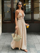 2026 Summer New Style Deep V-neck Striped Beach Dress, Sexy Backless Sleeveless Neckline Long Dress
