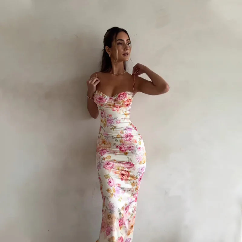 Floral Midi Dress with Spaghetti Straps and Side Slit – Summer 2025