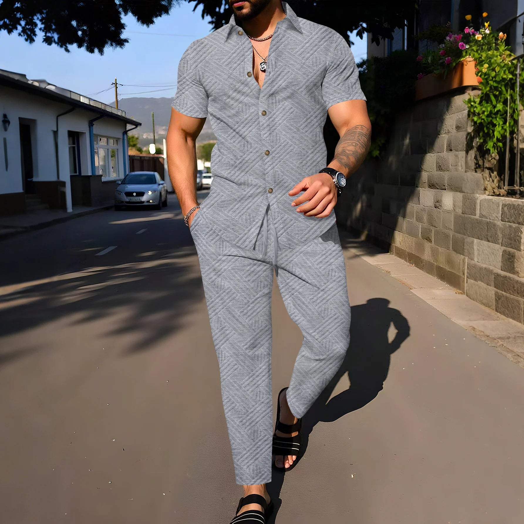 Men's Casual Long Pants Set – Short Sleeve Shirt for Spring and Autumn