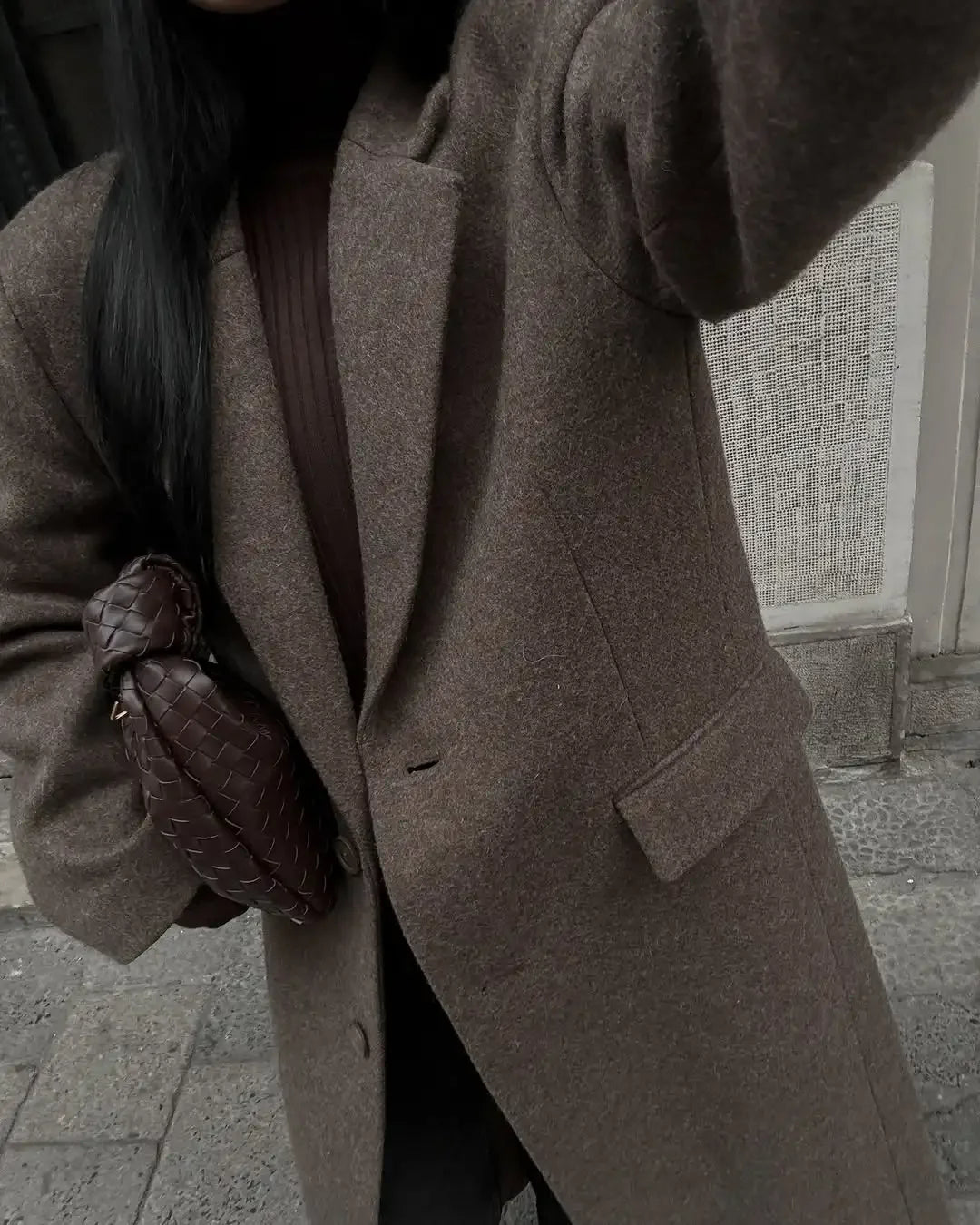 Brown Shoulder Pad Wool Blend Overcoat Women Elegant Lapel Single-breasted Long Sleeve Coat 2025 Autumn Lady Commuter Outerwear