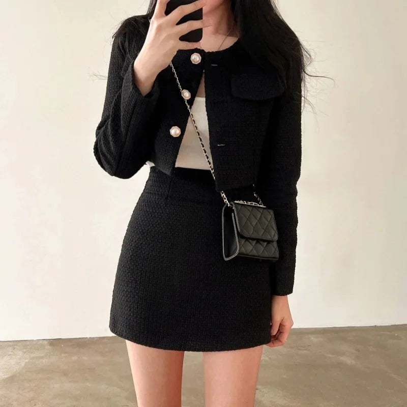 Elegant Tweed Two-Piece Set – Short Jacket & High-Waist Skirt