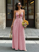 2026 Summer New Style Deep V-neck Striped Beach Dress, Sexy Backless Sleeveless Neckline Long Dress