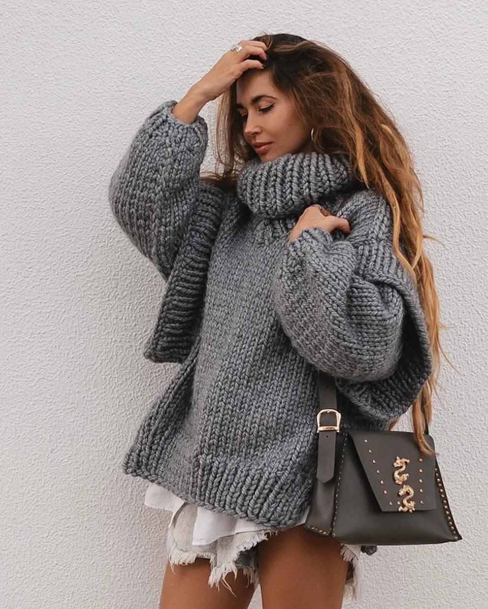 Hot Sale Of The Season Women's Oversized Long Sleeve Knitted Sweater Thick Winter Style Crew Neck Coarse Texture Cross-Border Ne