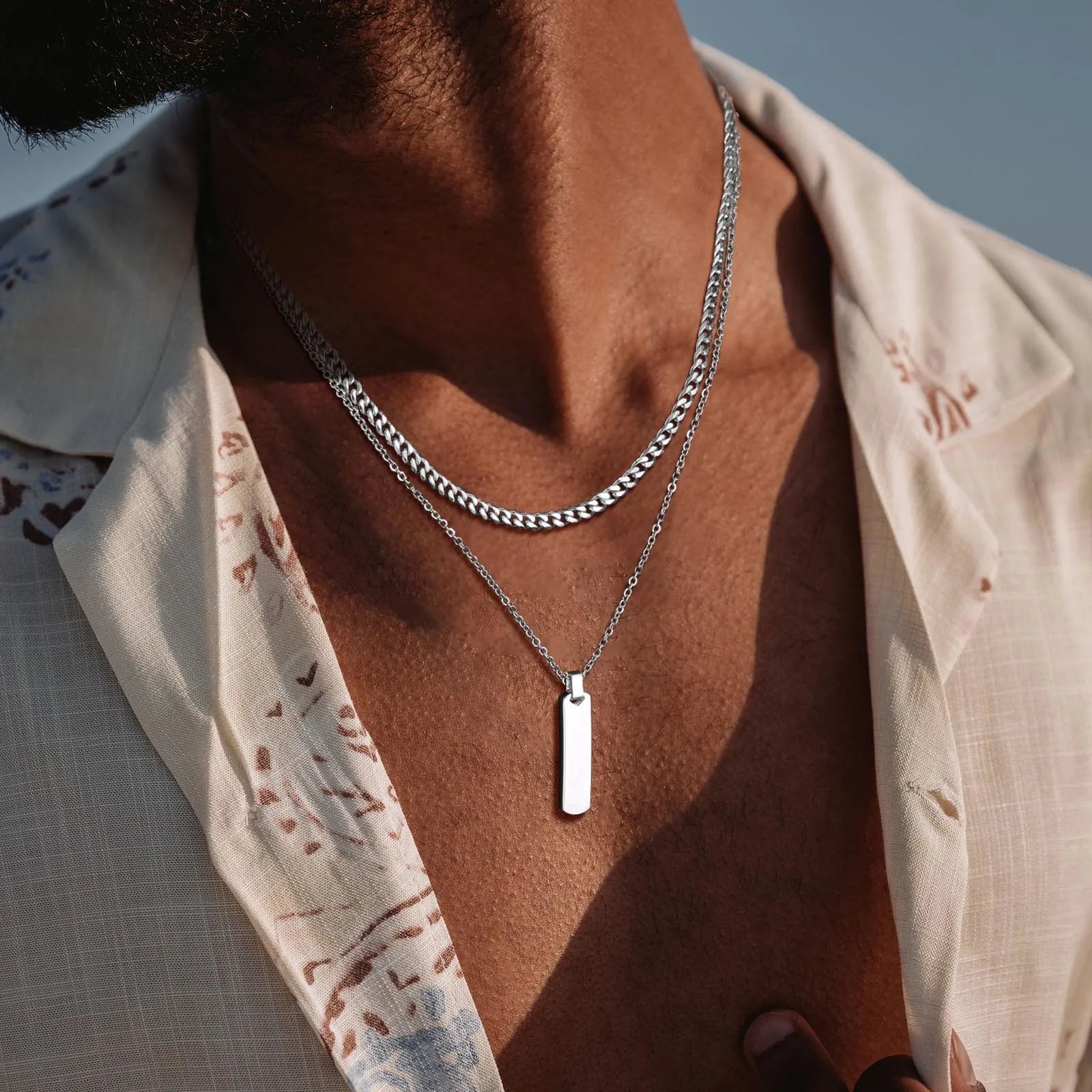 Men’s Necklace Set with Vertical Bar Pendant and Dual Stainless Steel Chains