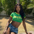 2024 Retro Street Aesthetic Baby T-shirt Women Green Brazil Letters Print Crop Tops Casual Slim Short Sleeve Y2k Clothes E-girls