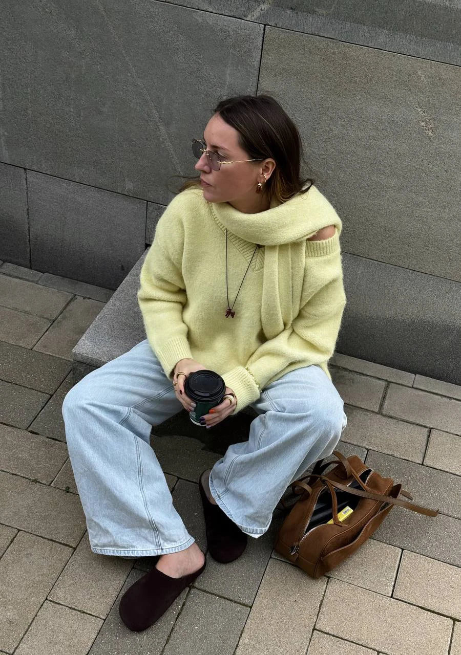 Hirsionsan 2025 New Soft Loose V Neck Knitted Sweaters Women Winter Solid Female Pullovers & Scarf Warm Basic Knitwear Jumper