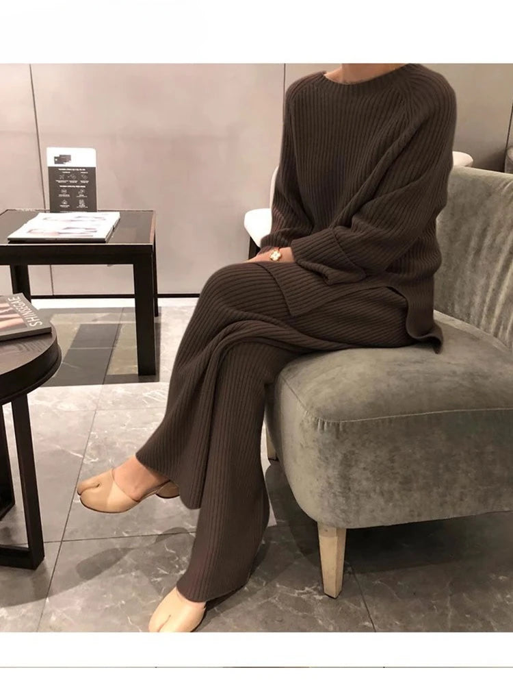 Version Of Fashion Casual Retro Winter Clothing New Warm Open Sweater Set Knit Wide Leg Pants Lazy Two-Piece Women's Suit Z290