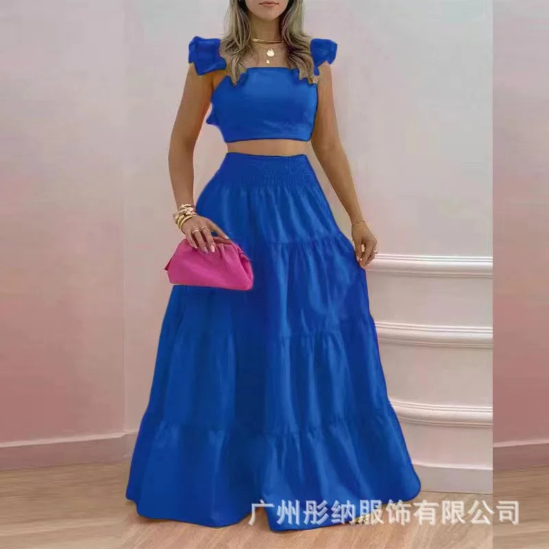 Women's 2-Piece Set – Crop Top + Maxi Skirt – Elegant Casual Outfit