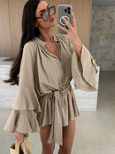 Vestido elegante para mulher com pregas, castanho, decote em V profundo, mangas compridas, modelo curto, moda feminina primavera/verão 2025, largo e elegante.