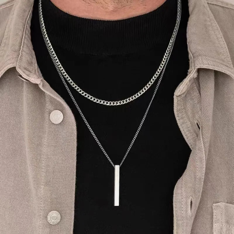 2-in-1 Men's Necklace Set – Thin Chain + Rivet Pendant in Stainless Steel