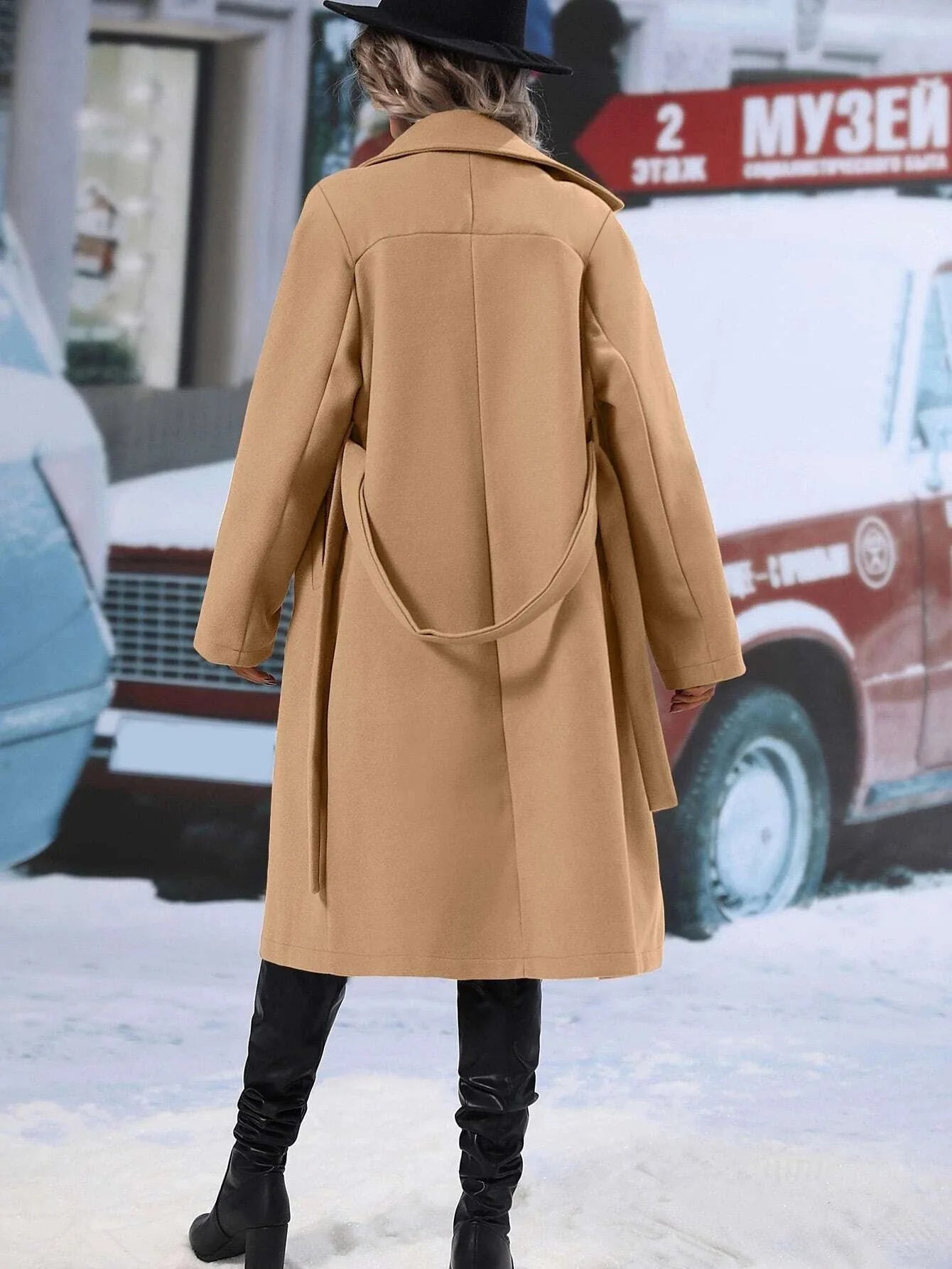 Thickened Pure Color Notch Collar Double Breasted Belted Long Length Woolen Coat for Women Comfortable Casual Style Spring Au...