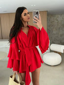 Vestido elegante para mulher com pregas, castanho, decote em V profundo, mangas compridas, modelo curto, moda feminina primavera/verão 2025, largo e elegante.