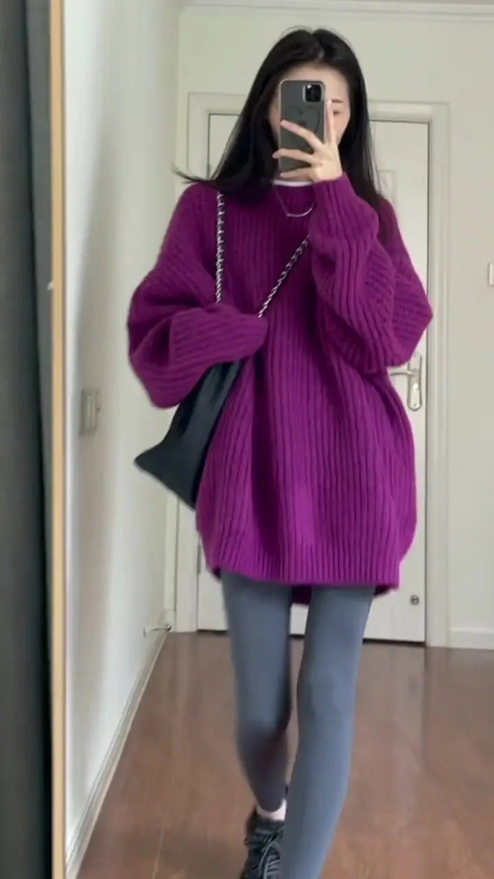 Stylish O-Neck Solid Color Knitted Loose Korean Sweaters Women's Clothing 2022 Autumn New Casual Pullovers All-match Warm Tops