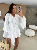Vestido elegante para mulher com pregas, castanho, decote em V profundo, mangas compridas, modelo curto, moda feminina primavera/verão 2025, largo e elegante.