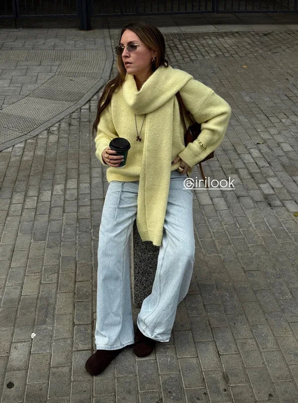 Hirsionsan 2025 New Soft Loose V Neck Knitted Sweaters Women Winter Solid Female Pullovers & Scarf Warm Basic Knitwear Jumper