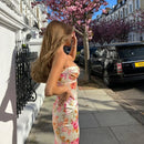 Vestido midi floral de alças finas e racha lateral – Verão 2025