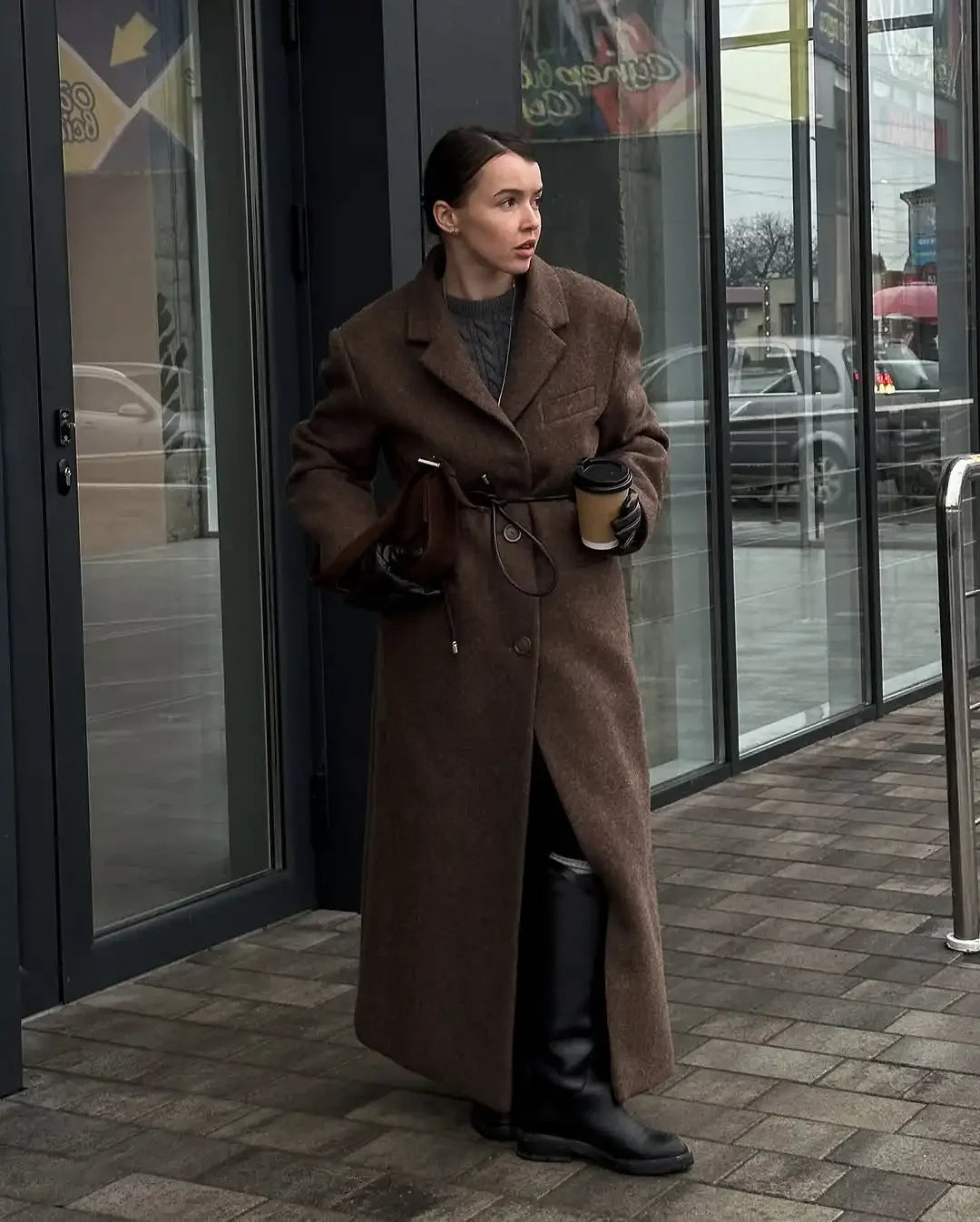 Brown Shoulder Pad Wool Blend Overcoat Women Elegant Lapel Single-breasted Long Sleeve Coat 2025 Autumn Lady Commuter Outerwear