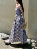 2026 Casual Spaghetti Strap Dresses For Ladies A-line Dress Vestido For Woman Temperament Striped Slim Pleated Off Shoulder Chic