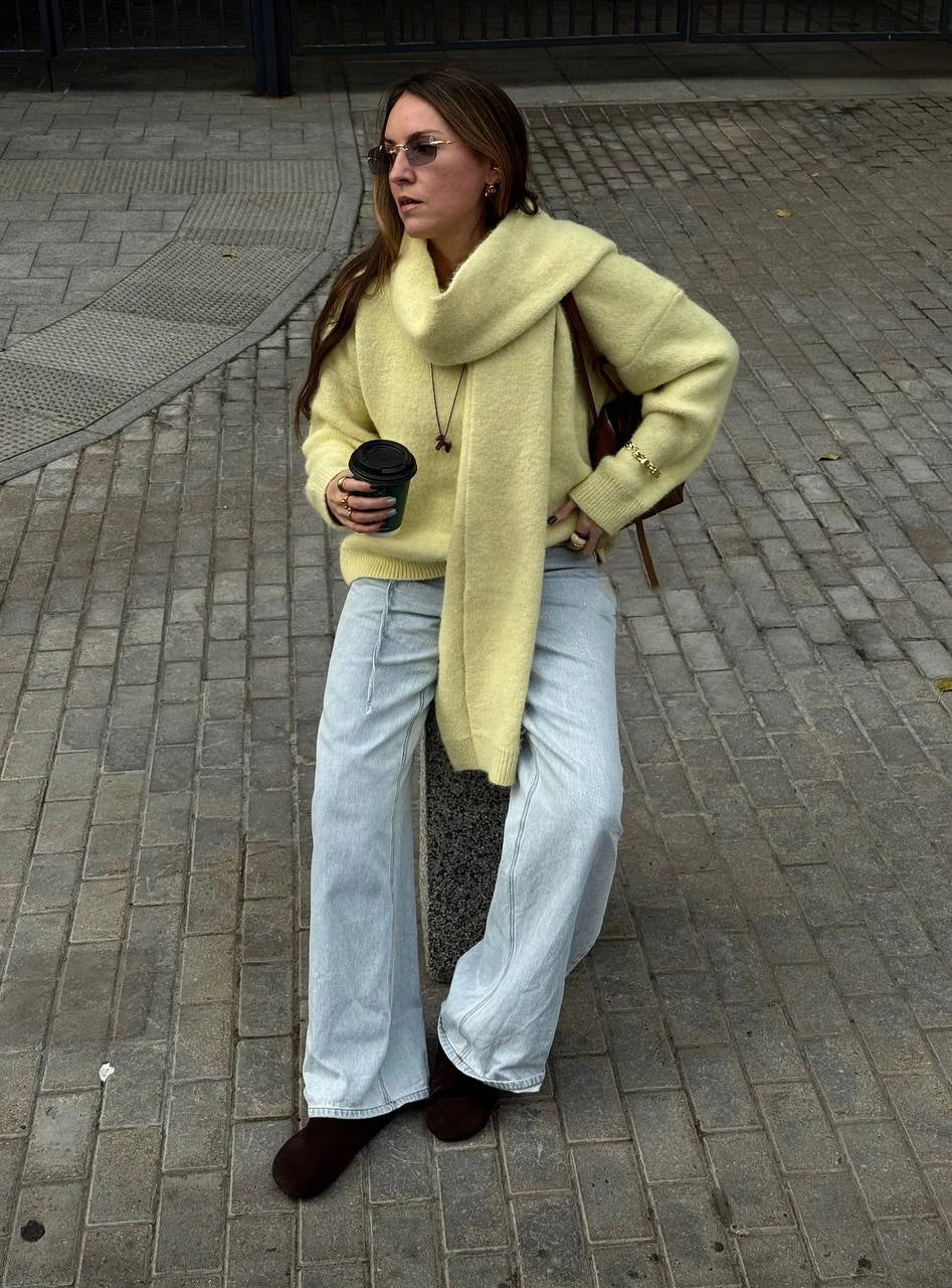 Hirsionsan 2025 New Soft Loose V Neck Knitted Sweaters Women Winter Solid Female Pullovers & Scarf Warm Basic Knitwear Jumper