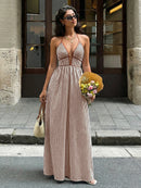 2026 Summer New Style Deep V-neck Striped Beach Dress, Sexy Backless Sleeveless Neckline Long Dress