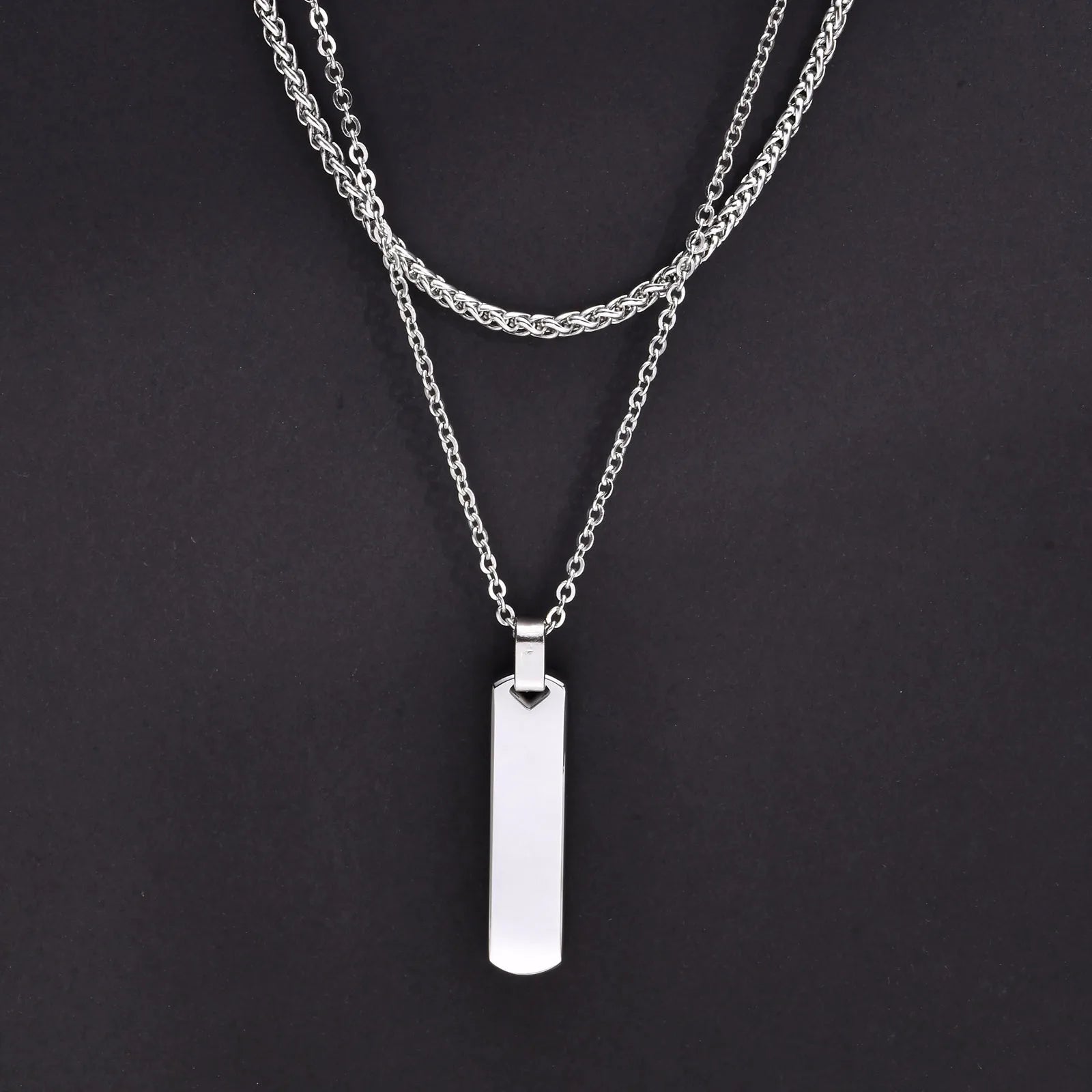 Men’s Necklace Set with Vertical Bar Pendant and Dual Stainless Steel Chains