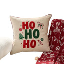 Capa de almofada de Natal bordada com os dizeres “HOHOHO” e desenho de boneco de gengibre.