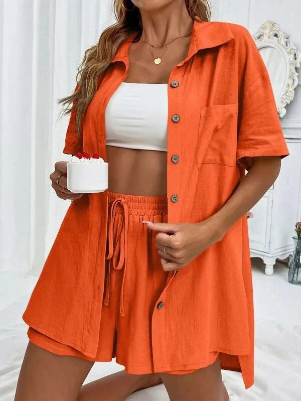 Women's Summer Chic Set – Long Sleeve Shirt + Wide-Leg Shorts